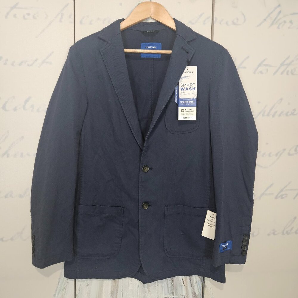 NWT Haggar Smart Wash Blazer 36/38 S Navy Stretch Slim Fit Travel